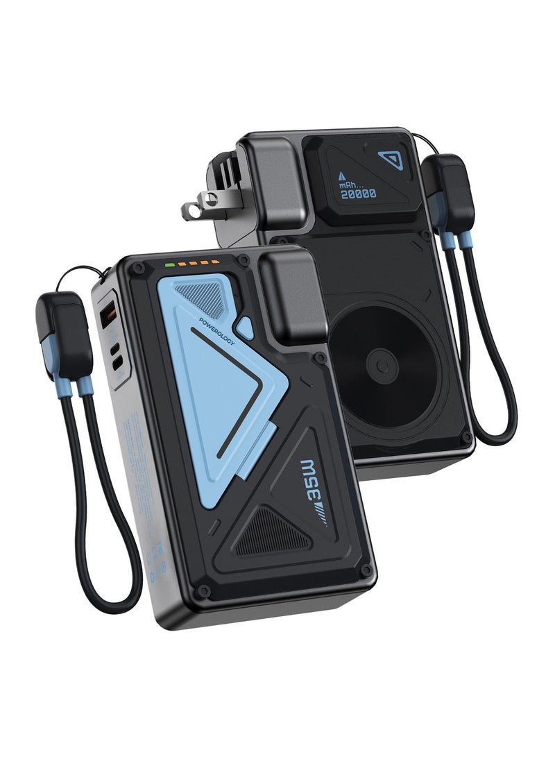 باورولوجي بنك طاقة 20000 مللي أمبير/ساعة وشاحن حائط / محول سفر PD 35 وات مع مقابس قابلة للتبديل (الولايات المتحدة، الاتحاد الأوروبي، المملكة المتحدة) / شحن لاسلكي 15 وات متوافق مع MagSafe / كابل مدمج وحامل / بنك طاقة - أسود - Image 1